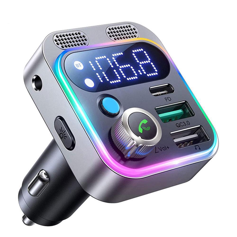 Bluetooth 5.2 FM-zender voor auto [sterker Dual Mics Deep Bass Sound] 48W PD & QC3.0 autolader Bluetooth-adapter: Black