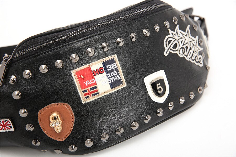 Popular sacos crossbody homem designer masculino couro do plutônio rebite decoração sacos de peito moda rock punk impressão masculino cintura saco