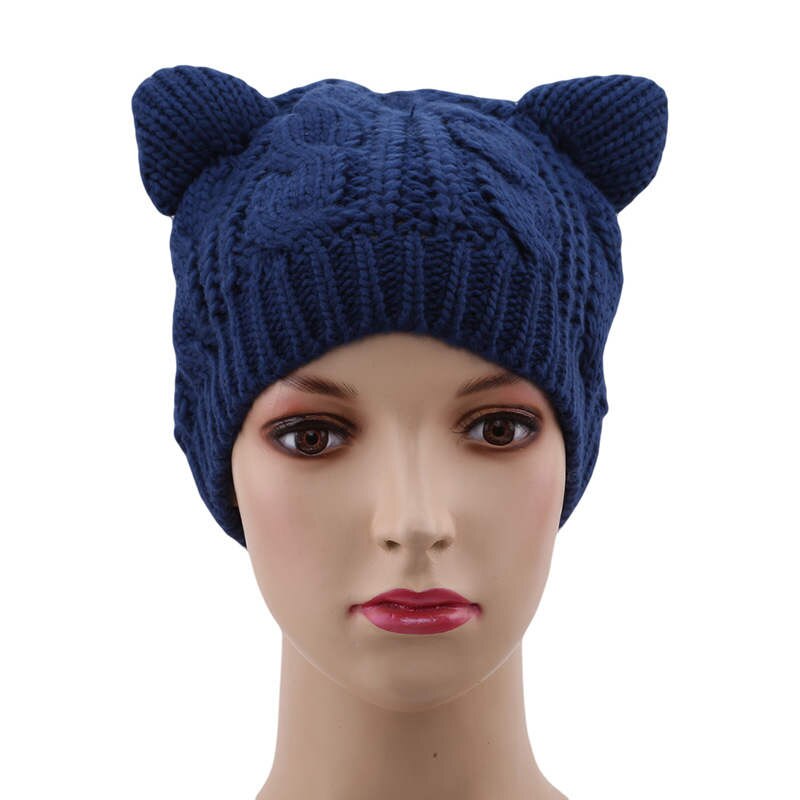 Gorro con orejas de gato y cuernos de diablo para mujer, gorra tejida a ganchillo, gorros de lana tejidos a la , gorros cálidos para invierno y otoño: Blue