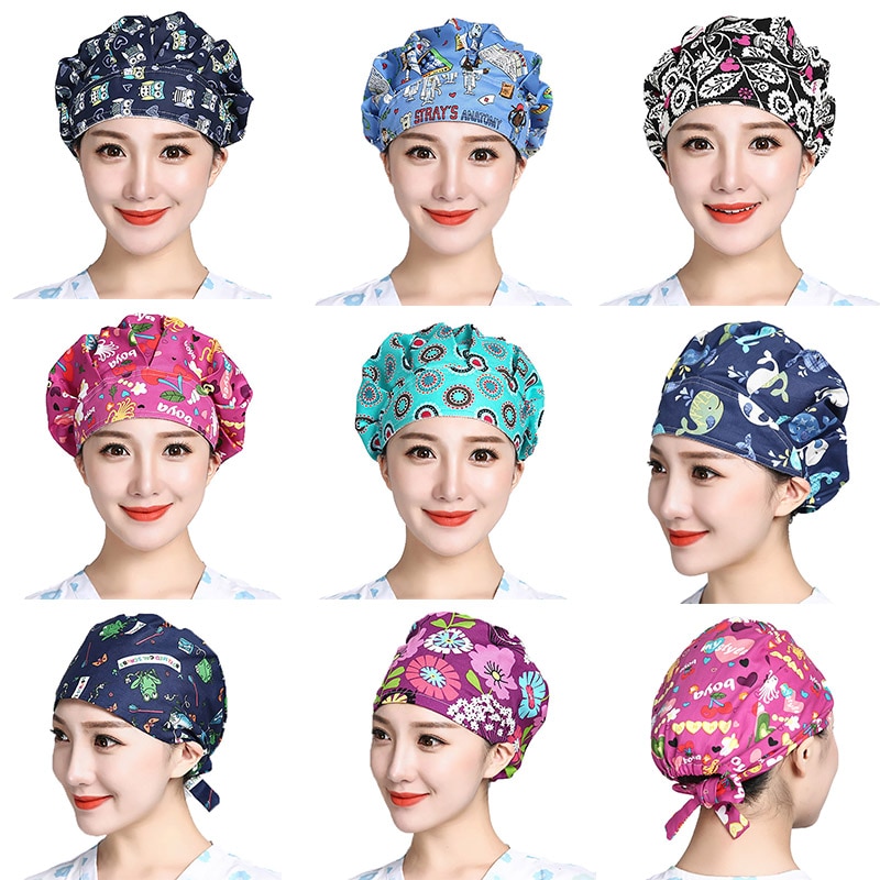 Scrubs Caps Verstelbare Head Cover Bouffant Hoeden Sombrero Mujer Cartoon Bloem Gedrukt Katoen Caps Wasbare Werkkleding Hoeden