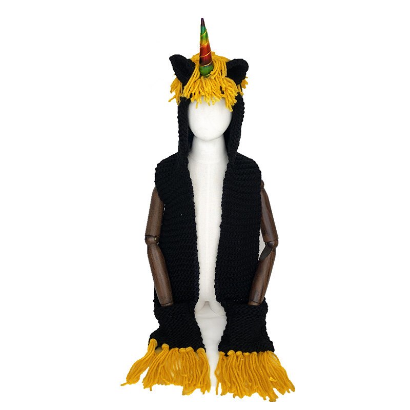 Kids Girls Rainbow Unicorn Soft Skullies Beanies Hats Shawl Scarf Set With Two Pockets Warm Knitted Bonnet Cap Christmas: A mix horn / S