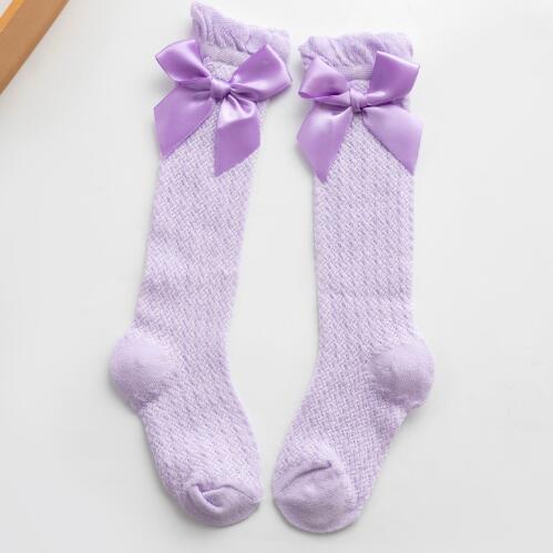 Bébé été mince Anti-moustique bas bulle bouche Vertical rayé nœud maille bas Bowknet princesse robe jambières: Purple Bow Knee Mesh