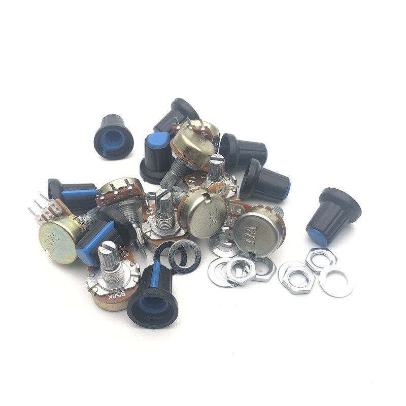 9Pcs B1K/2K/5K/10K/20K/50K/100K/500K/1M Knurled Shaft Linear Rotary Taper Potentiometer with Knob, Nuts, Washers,Cap for Arduino