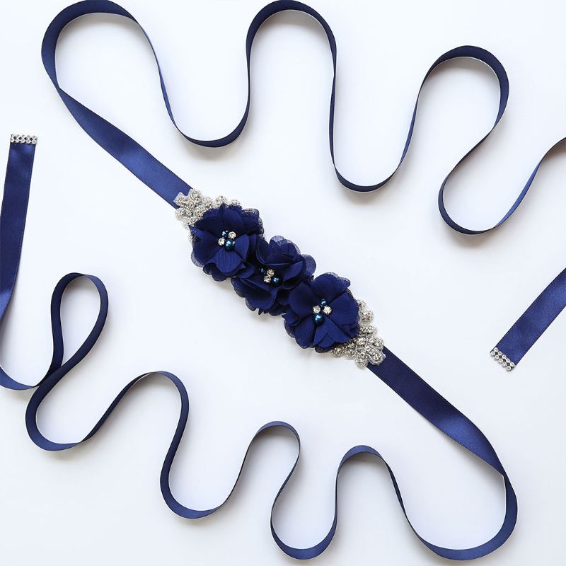 fajín de Tres flores para mujer, pretina de cuentas de estrás, fajín nupcial, fajín para boda, vestido ceñido en la cintura, cinturón, 12 colores: Navy