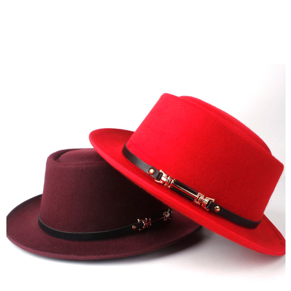 Männer Frauen Wolle Schweinefleisch Kuchen Hütte Mit Leder Gürtel Ich bin Freien Beiläufigen Hütte Panama Kirche Hütte Flache Fedora Jazz Hütte Größe 58CM