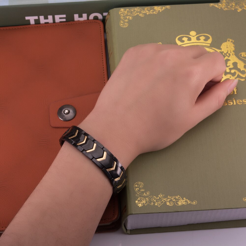 Bracelet magnétique pour hommes, en acier inoxydable noir, chaîne à main, large énergie de santé, Germanium, Bracelets pour hommes