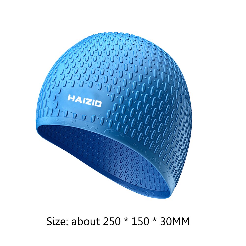 Gorros de natación de silicona impermeables para hombres y mujeres, protección elástica para los oídos, pelo largo, deportes, piscina, gorro de baño de talla grande: Blue with logo