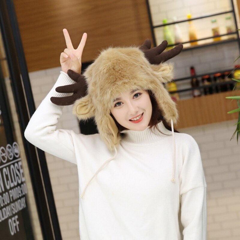 Women Men Winter Furry Plush Snow Trapper Hat Cute Ox Horns Deer Antlers Fluffy Animal Cap with Ear Flap Cosplay Earmuff