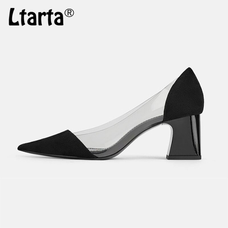 LTARTA buty damskie szpiczasty nosek szwy przezroczyste gumowe szpilki buty nowe niskie usta czarne zamszowe buty na obcasie FCH