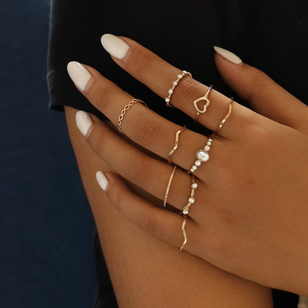 9 Pz/set Boho Delle Donne Anelli Set onda Geometrica di colore Dell'oro con il cristallo Midi Anello set di Fascino Della Signora Lover Regalo J002
