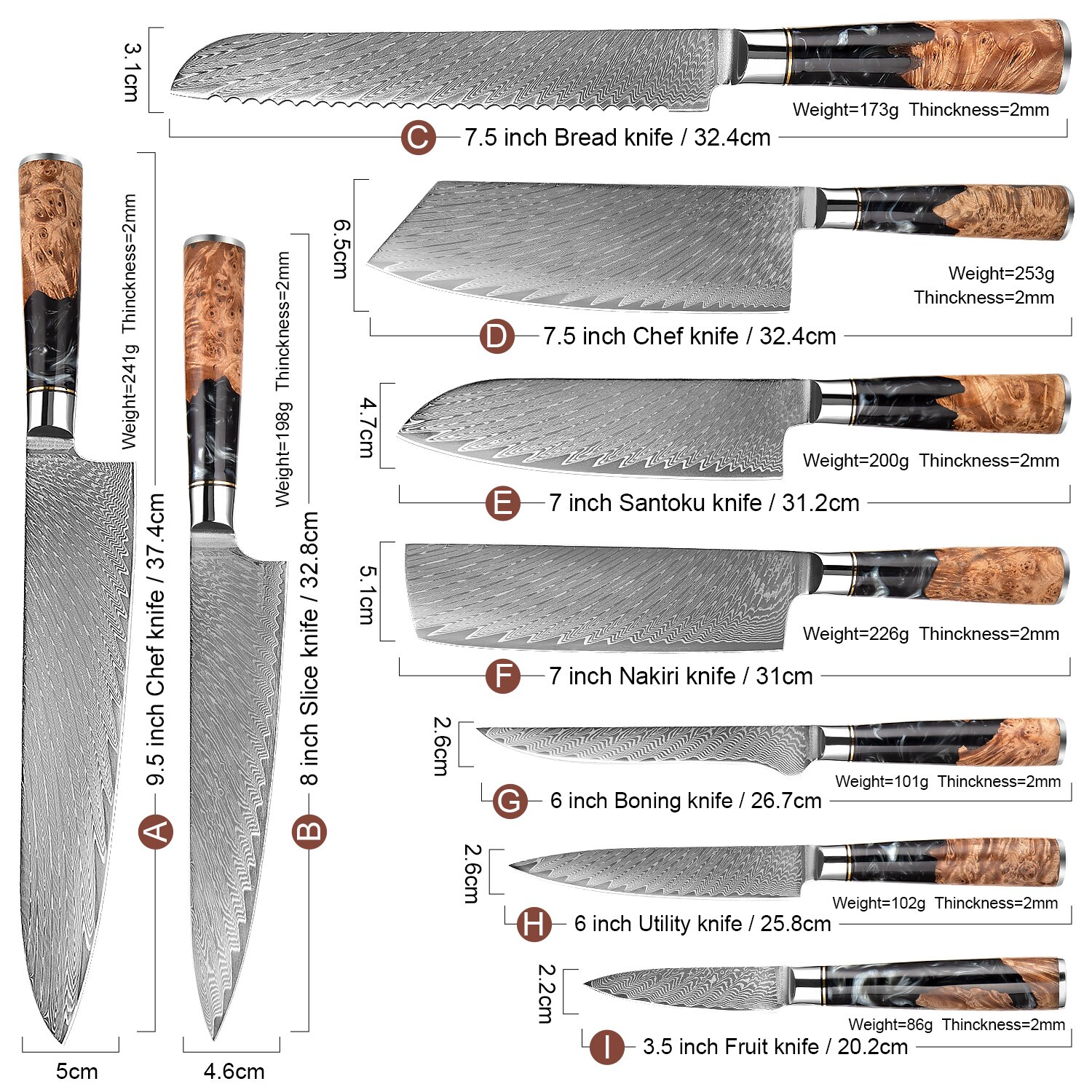 XITUO – ensemble de couteaux de cuisine en acier damas, couteau de chef japonais, couperet à pain utilitaire en résine et manche en bois stabilisé