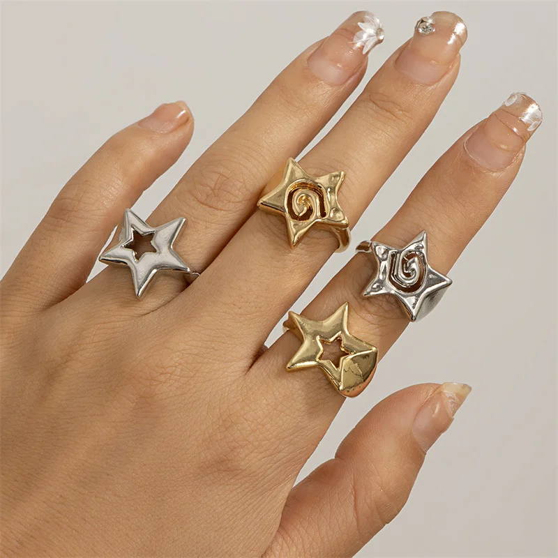 2 unids/set de anillos huecos para mujeres y hombres, Punk, estrella de cinco puntas, geométrico, Color dorado y plateado, conjuntos de anillos de joyería para nudillos