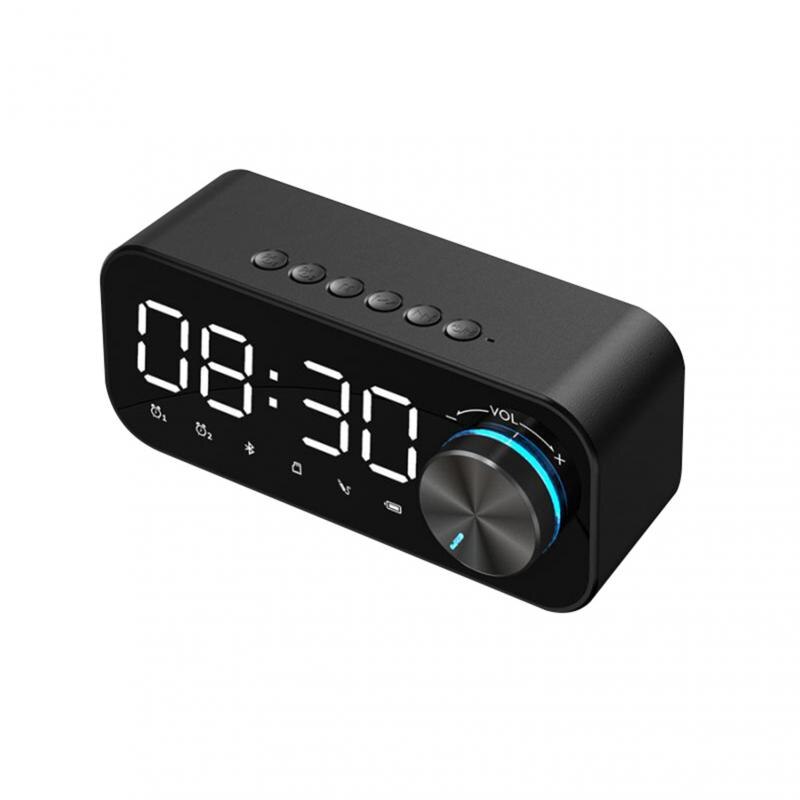 Bluetooth Speaker Alarm Clock - Digital LED Display - Mirror Surface - 5W Subwoofer - Battery Powered: Black