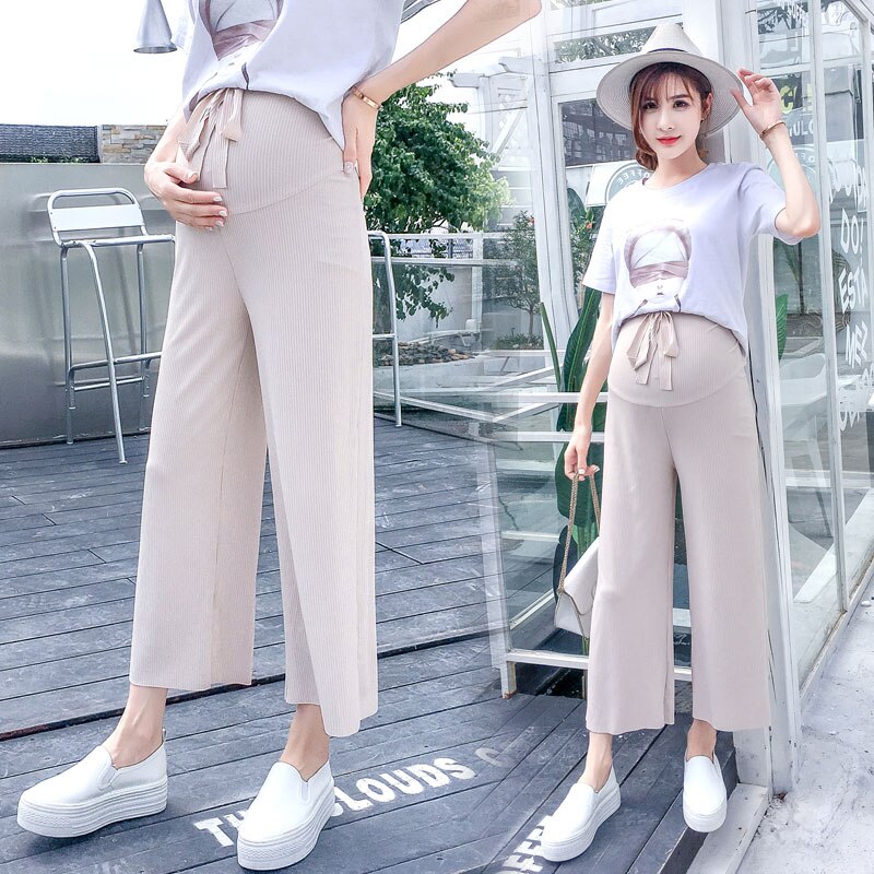 Trekkoord Taille Zwangere Vrouwen Wijdbeens Buik Broek Moeder Breien Broek Moederschap Rechte Werk Broek Losse: BEIGE / XL