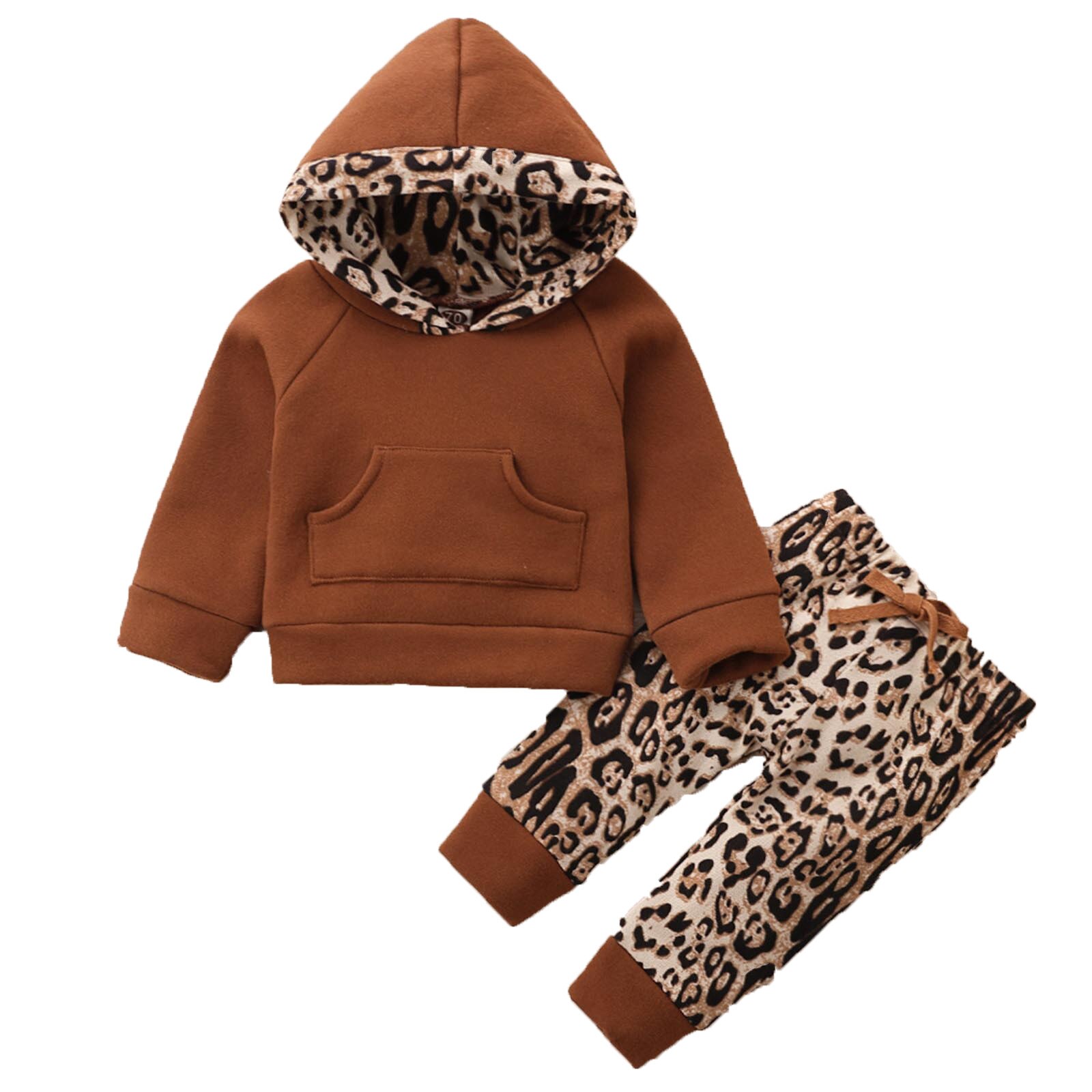 Peuter Set Baby Jongens Meisjes Winter Mode Dikke Warme Capuchon Leopard Pocket Socket Tops + Broek Outfits Kinderen kleding: BW / 6-12 Months