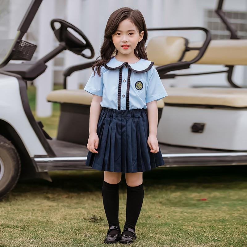Uniforme escolar japonés coreano de algodón para niños y niñas, camisa azul, faldas plisadas, pantalones cortos, conjunto de ropa, traje para estudiantes: girls set / 160cm height