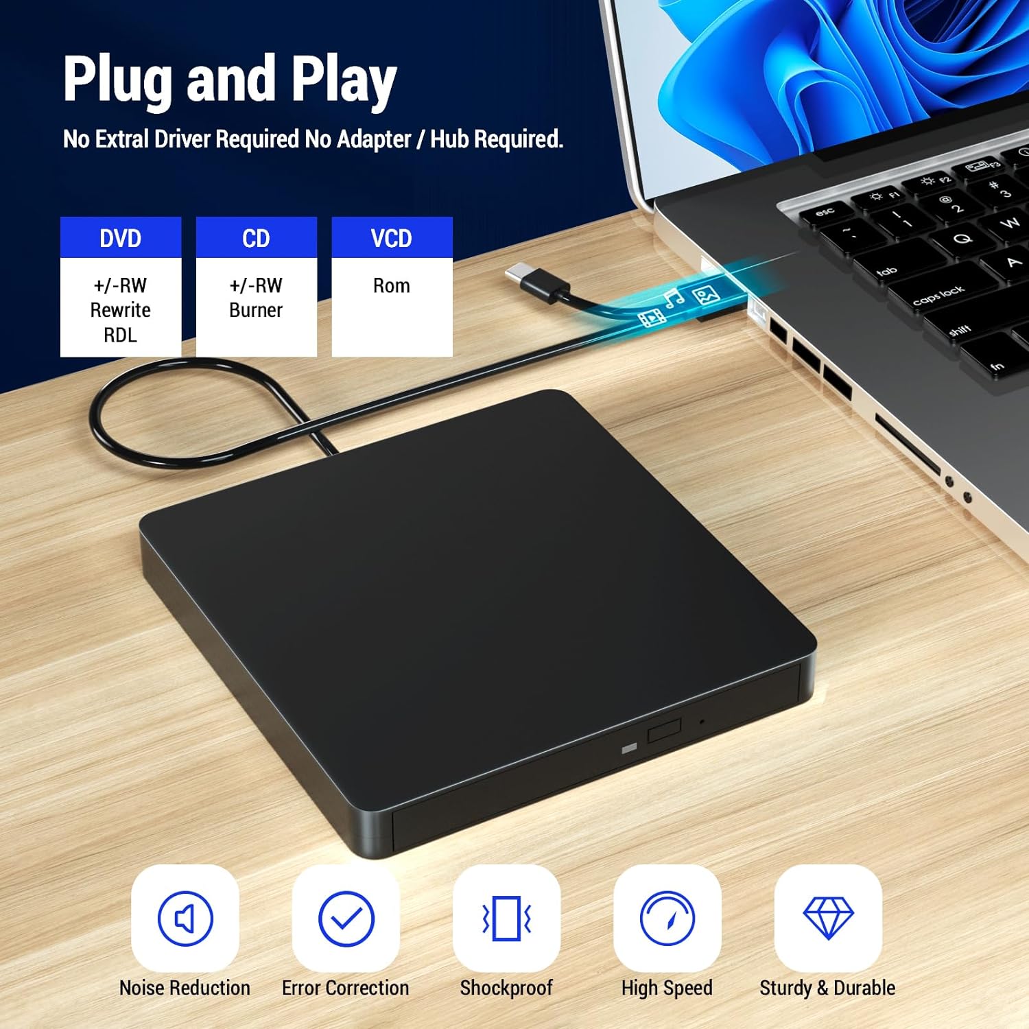 Externes CD-DVD –/+RW optisches Laufwerk USB 3.0 Typ C Tragbarer CD-DVD-Player-Brenner für PC Laptop Computer Windows 11/10/8/7 MacOS