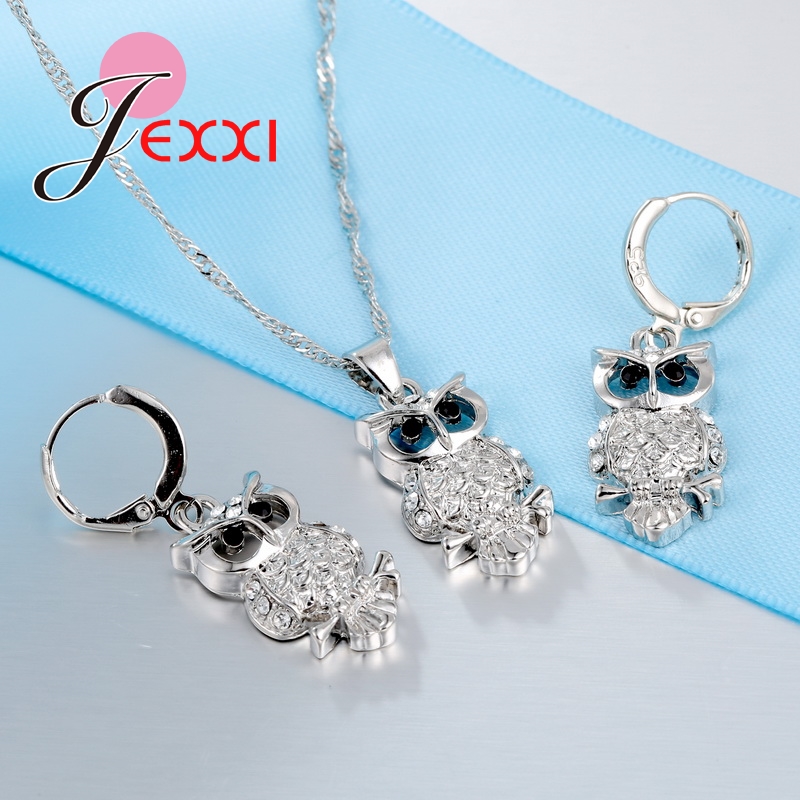 Ugle smuk form 925 sterling sølv smykker sæt med aaa+ cubic zirconia kvinder halskæde &amp; øreringe &amp; vedhæng