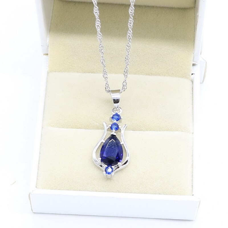 Niebieski szafir spadek kolczyki naszyjnik srebrny 925 komplet biżuterii damskiej bezpłatny prezent biżuteria ślubna