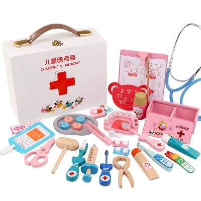 Akitoo blå rosa medicinlåda stort trä barn lekhus läkare leksak lek sjuksköterska service rollspel droppställ  #3203: Vit