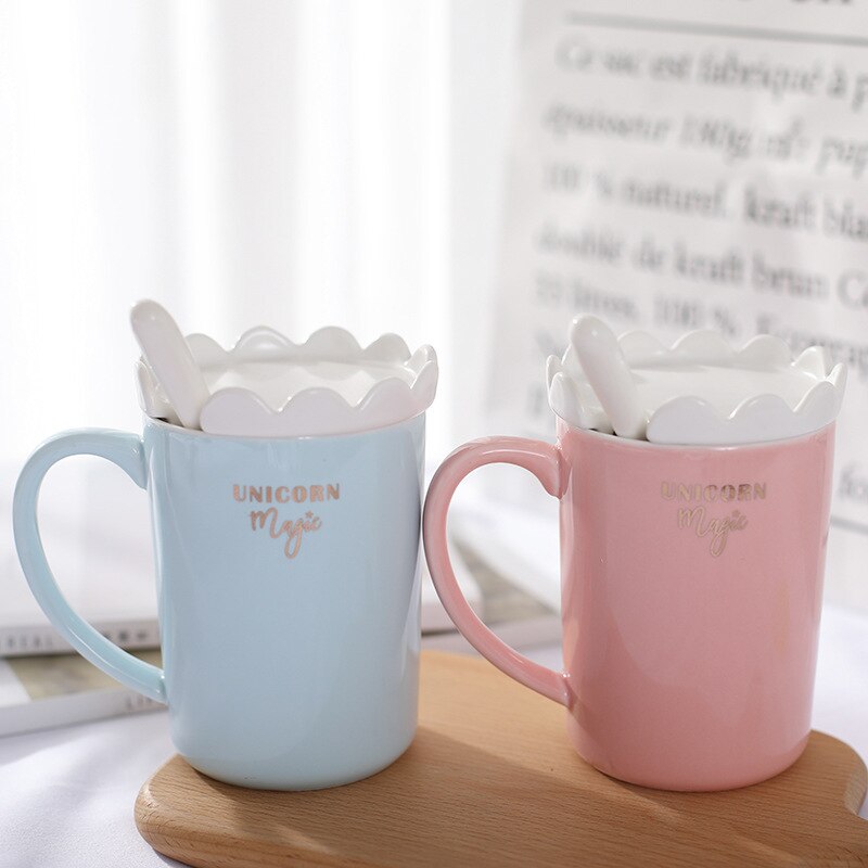 Einhorn Becher Kreative 3D Einhorn Kaffee Tasse mit Löffel und Krone Deckel Trinken Milch Tee Keramik Tassen Weihnachten