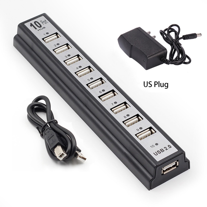 Usb 2.0 10 -poorts hub, multi-usb-splitters, hoge snelheid 480 mbps usb 2.0- hub met eu/vs-stroomadapter voor pc, laptop en notebookcomputer