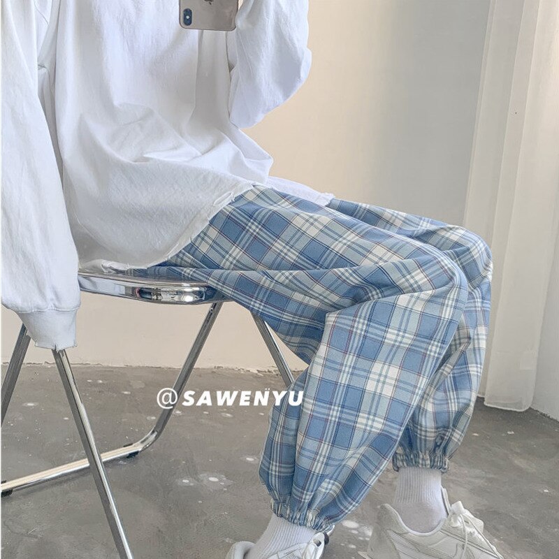 Herfst koreaanse geruite broek heren retro trekkoord casual broek heren streetwear losse hiphop rechte broek heren broeken
