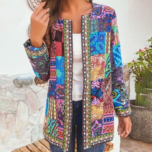 6XL chaqueta abrigo de de las mujeres de otoño e invierno de etnia Floral manga larga chaqueta de abrigo suelto ropa Chic superior: 6XL / Azul