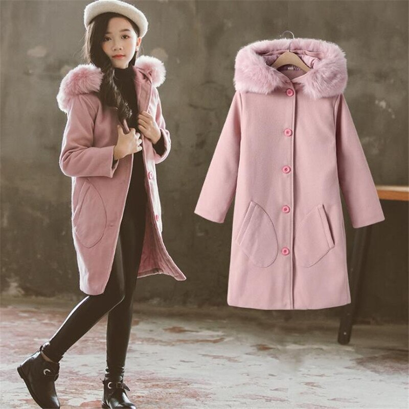 Weoneit Kinderen Meisje Overjas Winter Mode Wollen Jas voor Meisjes Tieners Capuchon Warme Lange Bovenkleding Kinderen Winddicht