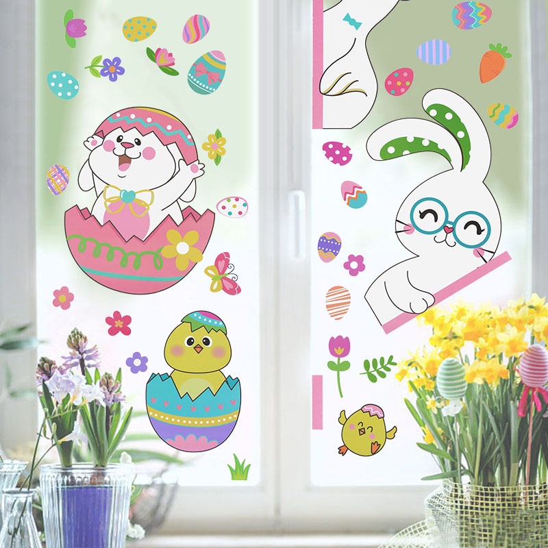 Pegatina de ventana de conejo de Pascua para decoración del hogar, Adhesivo de pared de huevo colorido, bonito pollo, conejo, suministros de de Primavera y Pascua
