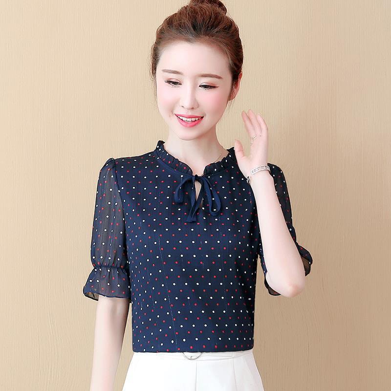 Kvinder forår sommer stil chiffon bluser skjorter dame casual korte lanterne ærmer prikkede print blusas toppe  dd8822
