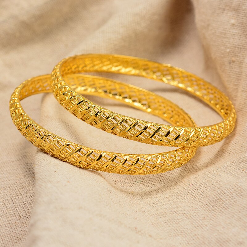 Wando Afrikaanse Gouden Kleur Glanzend Armbanden Voor Vrouwen Meisjes Dubai Cirkel Bruid Bruiloft Armband Ethiopische Sieraden: 2pcs