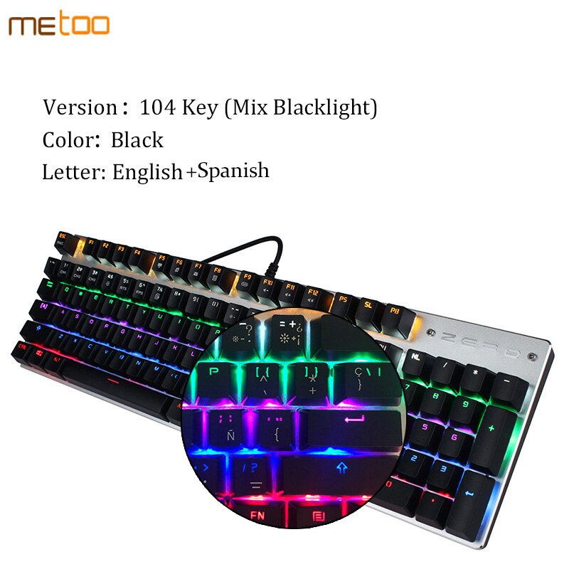 Metoo Mechanical Keyboard 87/104 Anti-ghosting Luminous Blue Black Switch Backlit wired Gaming Keyboard Russian/English/Spainsh: Spanish 104 key / Red Switch