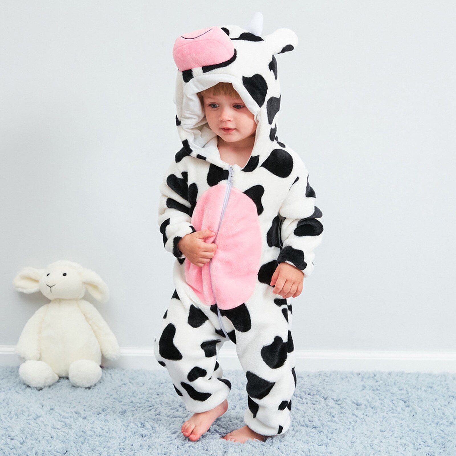 Baby Jongen Meisje Kleding Set Baby Baby Flanel Cartoon Vlekken Koe Print Hooded Romper Jumpsuit Sets