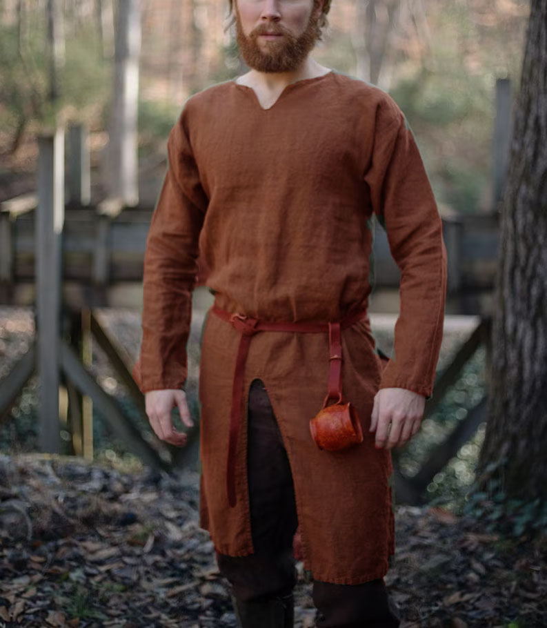 Medieval Linen Tunic Men's Men's Linen Shirt, V-Neck Shirt, Long Sleeve Casual Summer Shirt, Button Cuff: XL / Orange