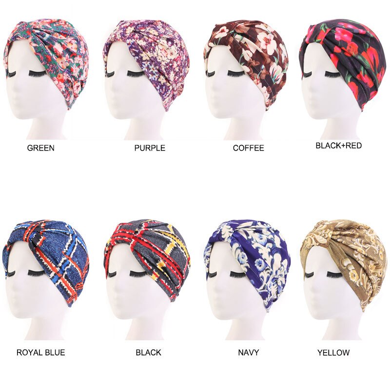 Moslim hoofddeksel tulband bedrukte katoenen hoofdband pet elastische knoop dames chemotherapie hoed afrikaanse kap verlies haarbedekking