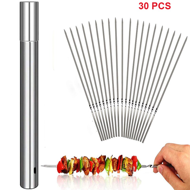 Rostfritt stål grillspett bbq nålpinne bbq grillspett + förvaringsrör återanvändbara nålpinnar utomhus campingbbq-verktyg: A