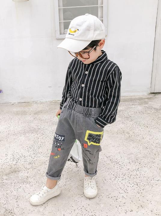 Pantalones vaqueros con estampado elástico cintura para niños, jeans de color con letras, estilo de otoño, ropa de vaquero para bebés