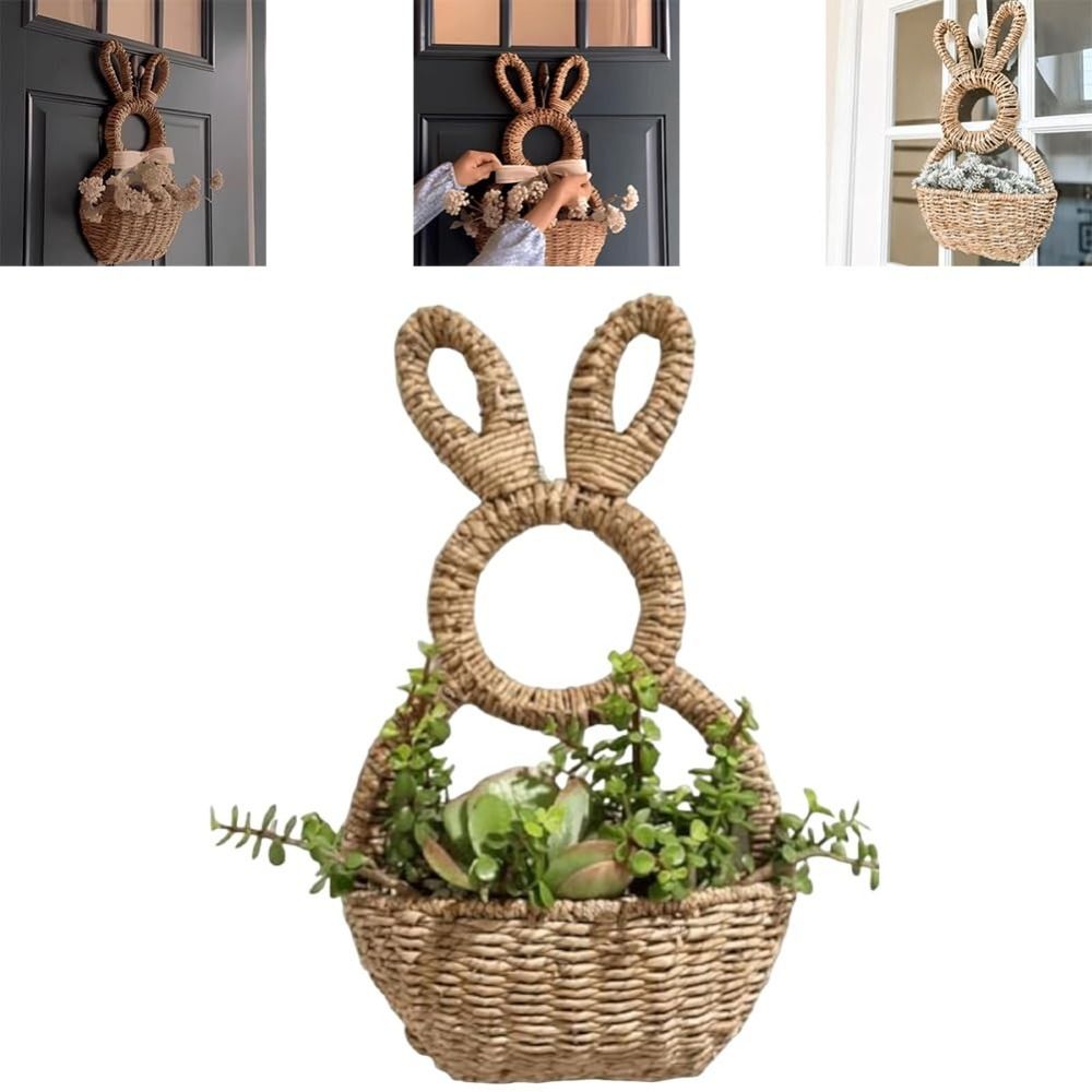 Hand Natural Woven Bunny Easter Basket Wall Hanging Happy Easter Bunny Basket Wall Pocket Hanging Wall Pocket Spring Decor