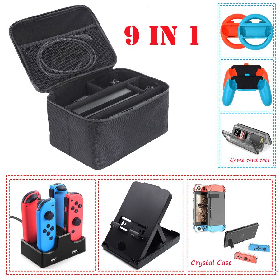 9 In 1 Kit Grote Beschermhoes Opbergtas Voor Nintendo Switch Console Charger Handgrepen & Stuurwielen Crystal Shell stand: Overigen