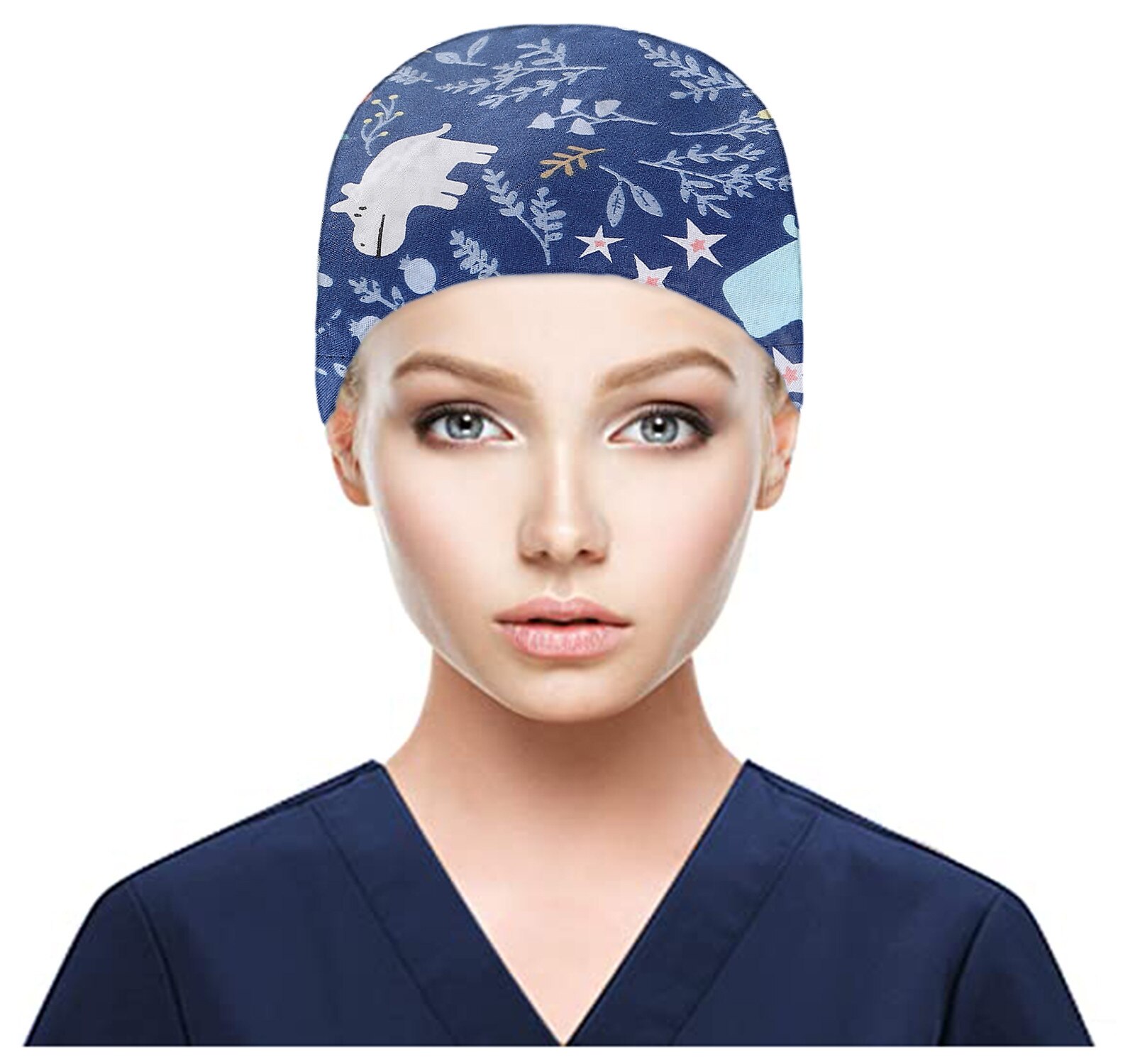 Pattern Scrub Cap Printing Working Hat Buttons Bouffant Hat Sweatband Women Men Beautician Dust Proof Cooking Chef Caps