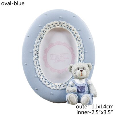 European Cute Teddy Tear With Lace Border Oval Square Shape 2x2 2.5x3.5 Pink Blue Resin Tabletop Baby Picture Photo Frame: oval blue