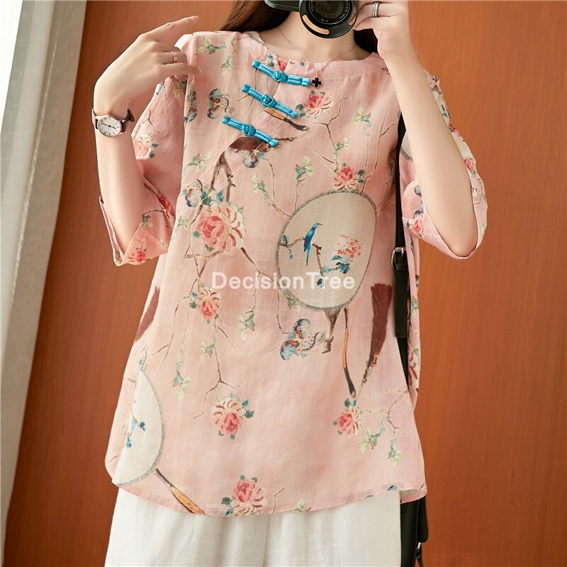 Tops hanfu top, camisa china de estilo chino, ropa tradicional china para mujer, cuello en v, tops tradicionales chinos holgados 2022: color1 / L