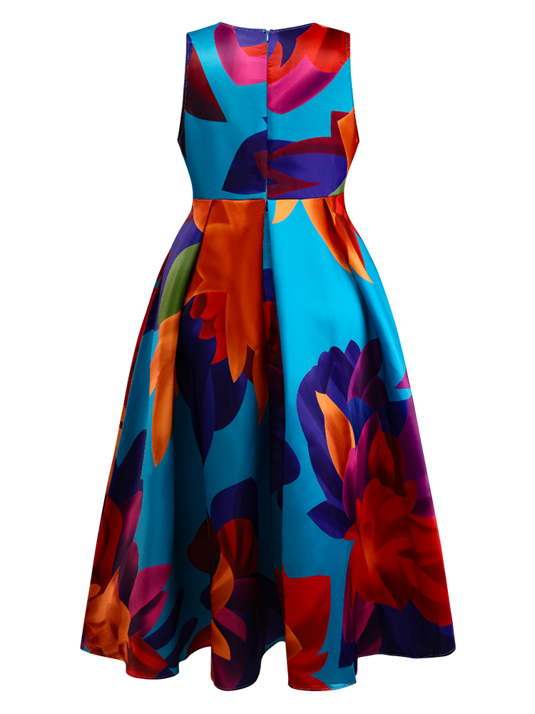 Grote maten damesjurk Mouwloos geplooid A-lijn Feestavond Maxi-jurken Bloemenprint Casual Vintage jurk met ronde hals