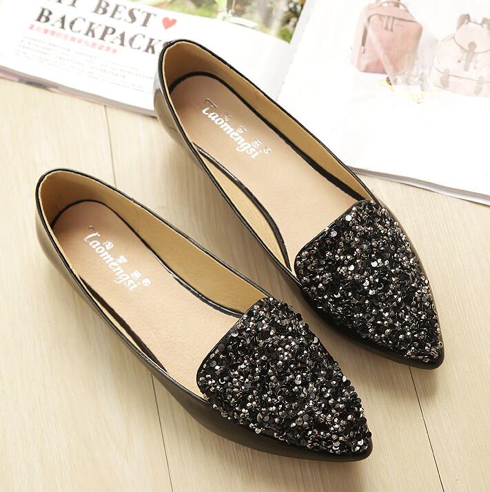 Femme chaussures marée paillettes sauvages bouche peu profonde bout pointu chaussures plates en cuir femmes chaussures décontractées n622: Black / 10