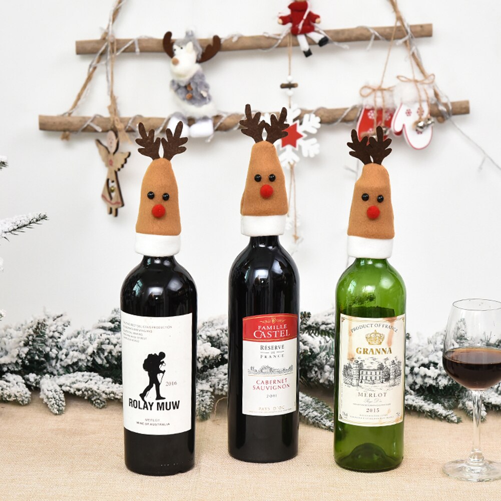 10 stuks mini kerst schattige elanden wijnfles dop ornament eettafel decoratie wijnfles kerstmuts decoratie