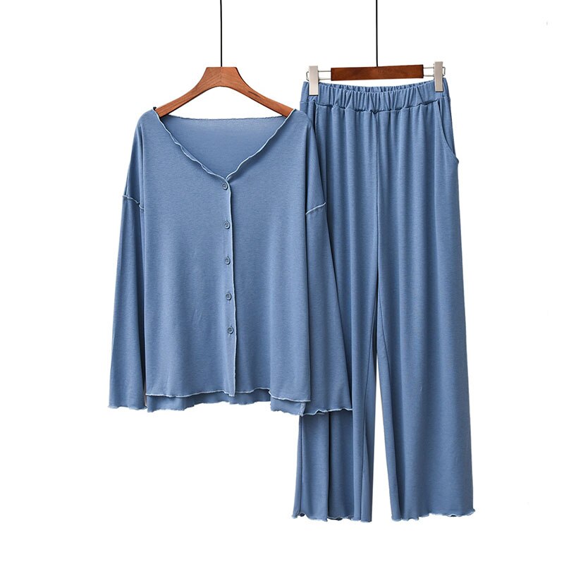 Efterår dame pyjamas sæt komfort ensfarvet kvinder sexet v-hals hjemmetøj 2 stk langærmet+bukser fritidstøj: Blå