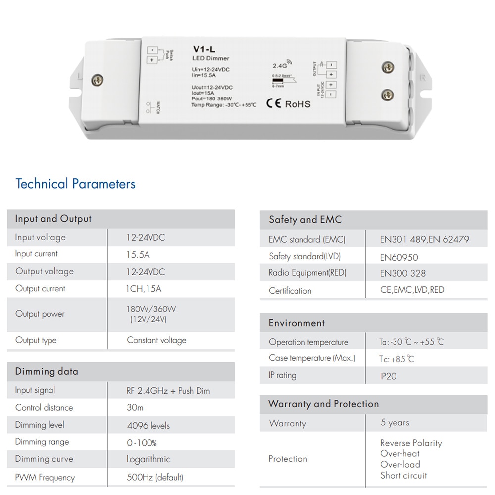 Led dimmer switch 12v 24v dc  rf 2.4g trådlös fjärrkontroll pwm konstant spänning smart wifi enfärgad led strip dimmer  v1- l