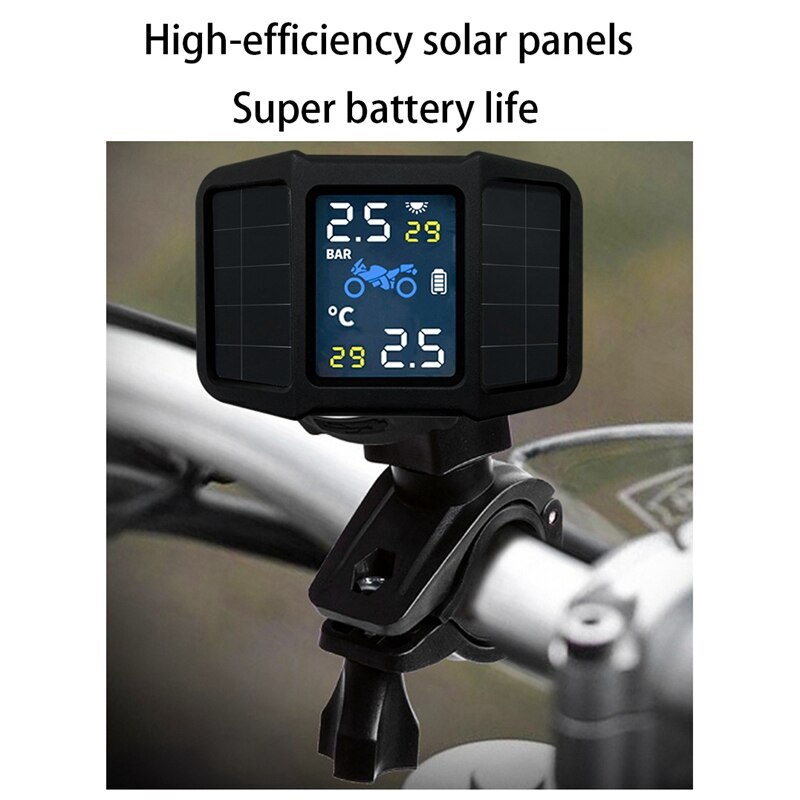 Solladning motorsykkel tpms motordekk temperaturovervåkonge alarmsystem med 2 eksterne sensorer