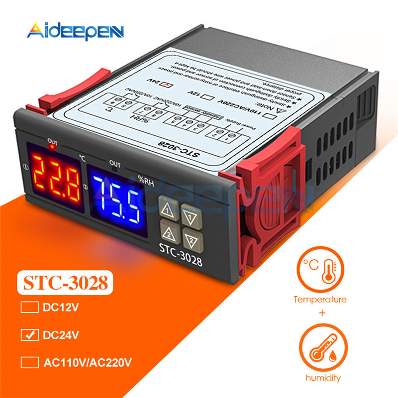 Stc -3008 stc -3018 stc -3028 dubbele digitale temperatuur-vochtigheidsregelaar thermostaat 10a met ntc-sensorsonde thermoregulator: Stc -3028 dc 24v
